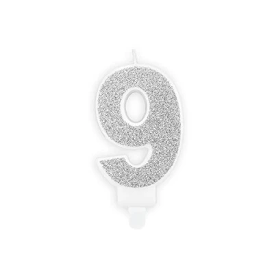 Abbildung von PartyDeco Geburtstagskerze Zahl 9 Zahlenkerze 7cm Kuchenkerze Tortendeko Kindergeburtstag Glitzerkerze Silber Nr.