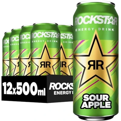 Abbildung von Rockstar Energy Drink Sour Apple Saures, koffeinhaltiges Erfrischungsgetränk für den Energie Kick, EINWEG (12 x 500ml) (Verpackungsdesign kann abweichen)