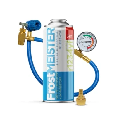 Abbildung von FrostMEISTER 3in1 Auto Klimaanlagen Nachfüllset (1x 400 ml Dose + Schlauch mit Manometer &amp; Adapter) Ersatz für das Kältemittel, Kompressoröl Dichtmittel R1234yf (ab Baujahr 2017)
