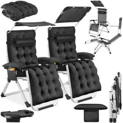Abbildung von tectake® Sonnenliege klappbar, Liegestuhl, Gartenliege mit Sonnendach, Outdoor Sessel für Balkon oder Garten, Liege extra Dicker Auflage, Relaxliege belastbar bis 200kg schwarz, 2er Set
