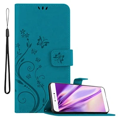 Abbildung von Cadorabo Hülle kompatibel mit Huawei P8 Blumen Design aus Premium Kunst Leder Flip Klappbare Stoßfeste Magnetische [Standfunktion] [Kartenfächern] Cover für Tasche in Blau