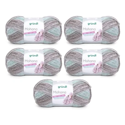 Abbildung von Gründl Wolle Mohanna Strick und Häkelgarn aus 90% Polyacryl, 10% Mohair, 5 x 100 g, dicke Wolle, hellgrau mint natur weiß
