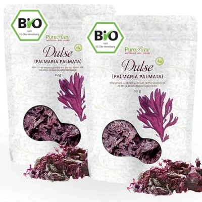Abbildung von Dulse Bio Atlantik Algen Blätter (Wildsammlung Roh Vegan) Atlantischer Lappentang Rotalgen Stücke Umami Gemüse, Veganer Speck, Salzersatz Organic Raw Wild Atlantic Seaweed PureRaw 40g (=2x 20g)