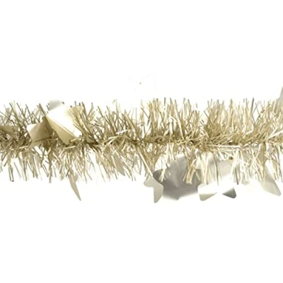 Abbildung von Creativery Weihnachtsgirlande Lametta 9cm x 2m mit großen Sternen Weihnachtsbaum Champagner matt
