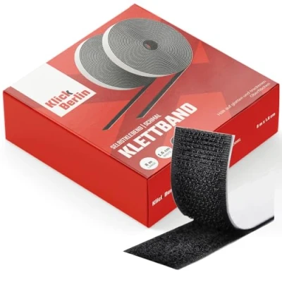 Abbildung von Klick Berlin Klettband Selbstklebend Schmal 1,6 cm x 8 m Klett Klebeband klebt auf vielen Flächen Klettverschluss 16 mm breit, Meter lang, schwarz