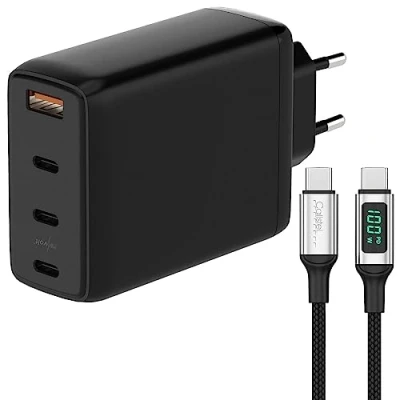 Abbildung von revolt Intelligentes Netzteil: 120W PD USB 4 Ports Netzteil Ladegerät, schwarz + 100W C Ladekabel (Netzteil QC, Stecker Ladegerät)