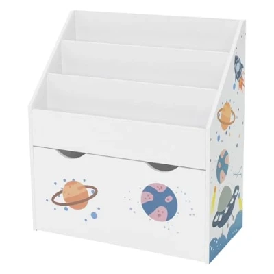 Abbildung von Joyz Kinder Bücherregal, Weltraum, 62,5x30x70 cm, Weiß, Spielzeugregal, Kinderregal mit 3 Fächern und herausziehbarer Spielzeugkiste Rollen, Aufbewahrungstruhe Spielzeug Organizer für Kinderzimmer
