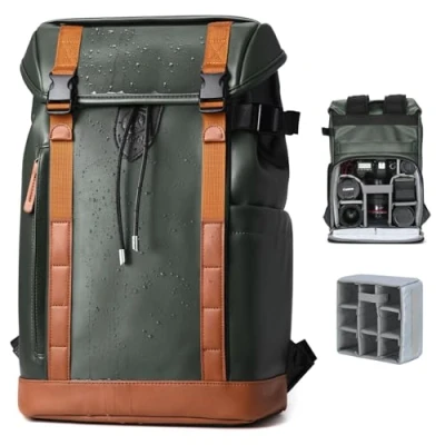 Abbildung von TARION Kamerarucksack Wassserdicht Fotorucksack Kameratasche: Leder Kamera Rucksack DSLR SLR Kamerarucksäcke Spiegelreflex mit 14 Zoll Laptopfach Regenhülle (M,Grün)