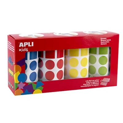 Abbildung von APLI Kids 18804 Packung mit 8260 Gummibändern in 4 Rollen (blau, rot, gelb und grün) gemischten geometrischen Formen (Kreise, Quadrate, Rechtecke Dreiecke), 20 mm, permanenter Klebstoff.