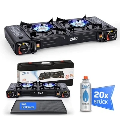 Abbildung von ZMC Camping Gaskocher 2 flammig mit 20x Gaskartuschen 227g und Grillplatte, 2,5 KW inkl. Adapter für LPG Anschluss + Aufbewahrungskoffer Campingkocher Set Piezozündung, Outdoor Innenraum