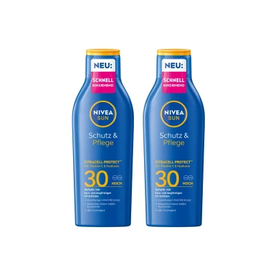 Abbildung von Nivea Sonnenschutzmilch SUN Schutz &amp; Pflege Milch LSF 30 wasserfest 48h Feuchtigkeit 2 x 200ml, tlg.