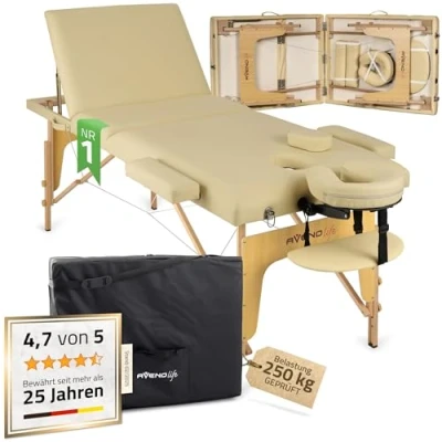 Abbildung von HABYS 2 Zonen Massageliege, Massageliege Klappbar, Massagetisch, Massagebank, Vollausstattung, Belastung bis 250 kg, MDR Zertifizieriung (Beige Bianca Holz 185x70)