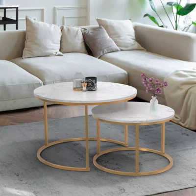 Abbildung von Set aus 2 runden Couchtischen mit Marmor und Goldeffekt IDMarket