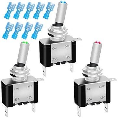 Abbildung von Gebildet 3pcs 20A 12V 24VDC Kippschalter LED Licht Schalter(Rot,Grün,Blau), EIN/AUS Wippschalter,SPST 3 pin Rocker Toggle Switch,zum Auto KFZ LKW Boot+9pcs Terminal