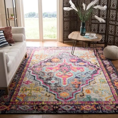 Abbildung von SAFAVIEH Boho Teppich für Wohnzimmer, Esszimmer, Schlafzimmer Monaco Collection, Kurzer Flor, Grau und Fuchsia, 240 x 300 cm