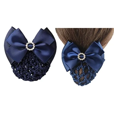 Abbildung von 1 Stück Blau Strass Satin Schleife Haarspange Bowknot Snood Net Dutt Abdeckung Haarnetz Decor Französische Frauen Mädchen Haarschmuck