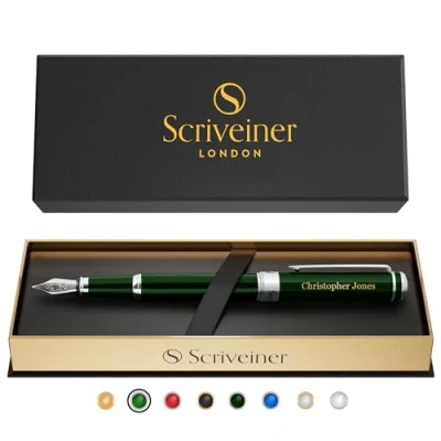 Abbildung von Scriveiner British Racing Green Personalisierter Stift Atemberaubender Grüner Lack Luxus, Chrom Finish, Deutsche Schmidt Feder (Mittel), Bestes Graviertes Füllfederhalter Geschenkset, Namensgravur