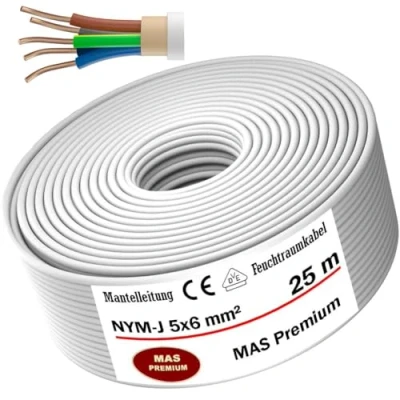 Abbildung von MAS Premium Feuchtraumkabel Stromkabel 5 200m Mantelleitung NYM J 3x1, 2,5 4 6 10 oder 5x1,5 16 Elektrokabel für feste Verlegung (NYM 5x6 mm², 25m)