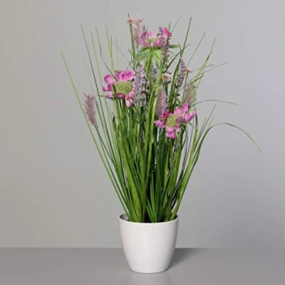 Abbildung von mucplants Künstliches Wiesenblumengras pink 38cm im weißen Dekotopf Kunstblumen Ziergras Kunstgras