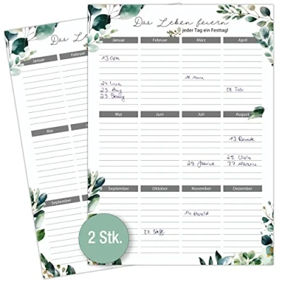 Abbildung von TOBJA Wandkalender Geburtstagskalender immerwährend 2er Set A4, Eukalyptus Design Geburstagsplaner Jahresunabhängig
