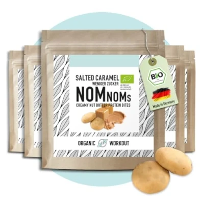 Abbildung von Salted Caramel NomNoms cremige Nussmus Protein Bites bio, vegan mit Bio Erythrit gesüsst Riegel Alternative