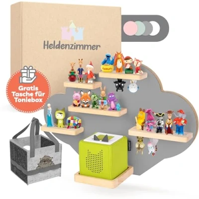 Abbildung von Heldenzimmer Tonie Regal Wolke Grau [GRATIS Tragetasche] Für Toniebox bis 20 Figuren Mädchen und Junge Perfekte Aufbewahrung im Kinderzimmer