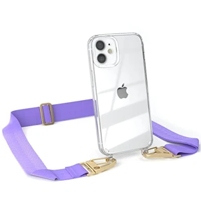 Abbildung von EAZY CASE Hülle mit Band kompatibel iPhone 12 Mini Handyhülle Umhängeband für Silikonhülle Transparent Schutzhülle Handykette zum Umhängen Handykordel Smartphone in Lila Gold