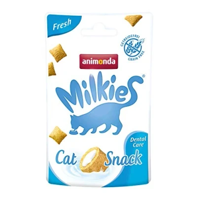 Abbildung von Milkies Katzensnack mit Milch Fresh (12 x 30g), getreidefreie Knusperkissen Katzensnacks für erwachsene Katzen von animonda