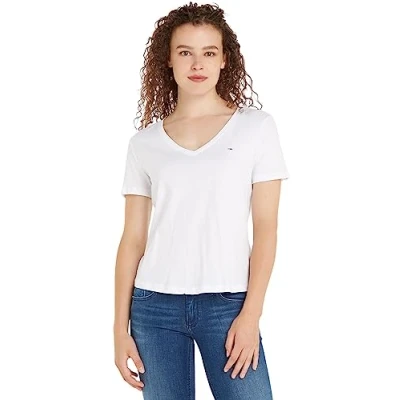 Abbildung von Tommy Jeans SLIM SOFT V NECK TEE Tshirt basic, Damen, Größe: Medium, White
