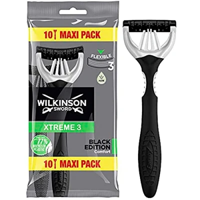 Abbildung von Wilkinson Sword Xtreme 3 Black Edition Einwegrasierer, Packung mit 10 Stück, Klingen flexiblem Kopf, flexible Komfort Technologie, vollständiger Rasierschutz