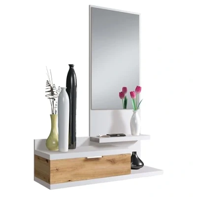 Abbildung von Habitdesign Flur mit Schublade und Spiegel, Eingangsmöbel, Modell Dahlia, Artik Weiß Nodi Eiche, Maße: 81 cm (Breite) x 116 (Höhe) 29 (Tiefe)
