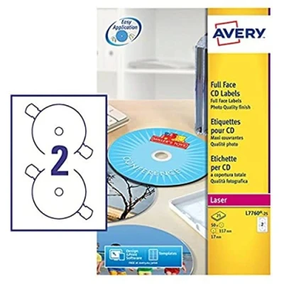 Abbildung von Avery L7676 100 Glossy Full Face CD Etiketten für Laserdrucker (117 mm Durchmesser Etiketten, 2 pro A4 Blatt, 25 Blätter) Weiß &quot;