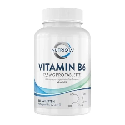 Abbildung von Vitamin B6 12,5mg 365 hochwirksame vegane Tabletten Trägt zu einem gesunden Stoffwechsel, einer normalen Funktion des Nerven und Immunsystems bei zum Abbau Von Müdigkeit Nutriota