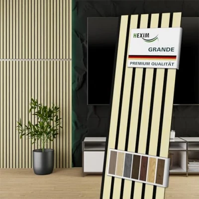 Abbildung von HEXIM Akustikpaneele Holz 140x30cm Grande 4er Set (1,681m²) Holzpaneele Wandpaneele 21mm Schalldämmung MDF Akustikfilz Wandverkleidung Beige Light Ash