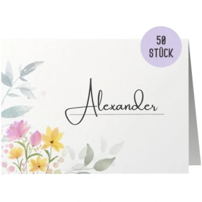 Abbildung von 50 Namensschilder Hochzeit by Things of Happiness Sitzplatzkarten Blanko Platzkarten, Tischkarten Namenskarten 50er Set im Boho Design (Pastell Blumen)
