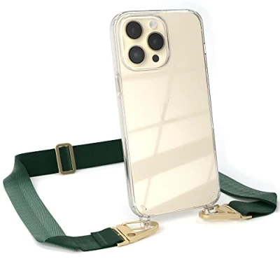 Abbildung von EAZY CASE Hülle mit Band kompatibel iPhone 14 Pro Max Handyhülle Umhängeband für Silikonhülle Transparent Schutzhülle Handykette zum Umhängen Handykordel in Grün Gold
