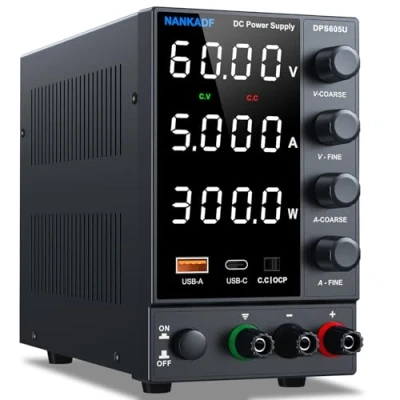 Abbildung von Labornetzgerät einstellbar 60V 5A, Variables DC Netzteil mit USB A/Typ c Schnellladeanschluss, hochpräzise 4 LED Anzeige Bank Encoder Regler Stromversorgung