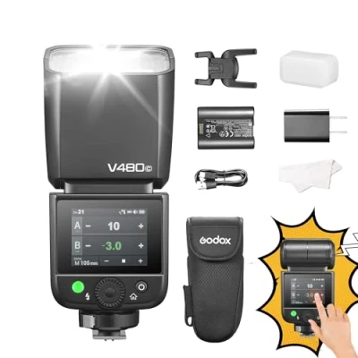 Abbildung von Godox V480 F TTL Kamerablitz Speedlite GN50 HSS 1/8000s 2,4 GHz X Wireless System 2 in 1 LED Lampe mit Touchscreen, flexibler Sprungkopf, Diffusor für Fuji Kameras