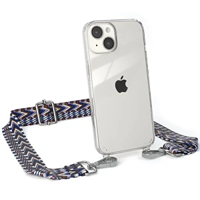 Abbildung von EAZY CASE Handykette Flexibler Trageriemen kompatibel mit iPhone 14, Schultergurt zum Umhängen, Riemen, Band austauschen, Wechselgurt, Blau/Weiß Metall Silber