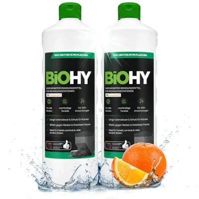 Abbildung von BiOHY Wischroboter Reinigungsmittel für Reinigungsstationen mit Orangenduft (2 x 1 liter) Verlängert die Lebensdauer der Absaugstation Schaumarmes Bodenreiniger Konzentrat