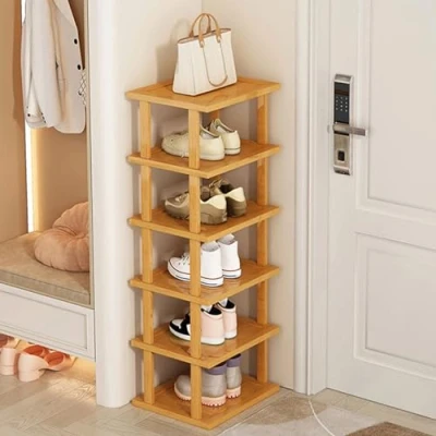 Abbildung von Shienfir Schmales Schuhregal aus Holz mit 5/7/8 Ebenen, abnehmbarer Schuhaufbewahrer, vertikaler Schuhorganizer, platzsparendes Eck Schuhregal, hoher Schuhturm, freistehend für den Eingangsbereich,