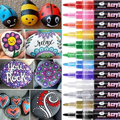 Abbildung von wonsar Acrylstifte Marker Stifte, 12 Farben Wasserfest für Steine Bemalen, Acrylfarben Stifte Kinder DIY Keramik Glas Porzellan Metall Kunststoff Holz, Leinwand (0.7mm Spitze)