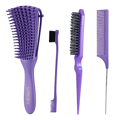 Abbildung von LORSEX Haarbürste, Entwirrbürste für Naturhaar Afro Haare 3a bis 4c Verworrenes, Welliges, Lockiges Haar, mit 3 Stück Toupier Bürste Set Doppelkanten und Kamm (Lila)