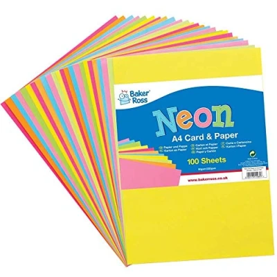 Abbildung von Baker Ross FE485, Neon, A4 Papier und Karton, Packung mit 102 Stück, farbiges Kunstzubehör für Kinder, Bastelarbeiten