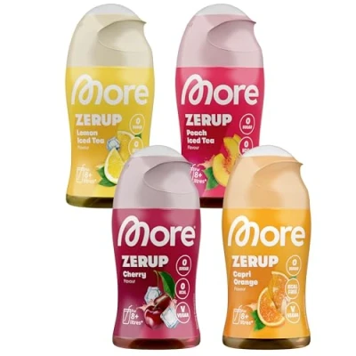 Abbildung von MORE Zerup, mixed 4er Bundle, 4 x 65 ml, verschiedene Sorten, für bis zu 32 l Fertiggetränk, zuckerfreier Sirup mit echten Fruchtextrakten, vegan, zero Kalorien (Sorten können variieren)