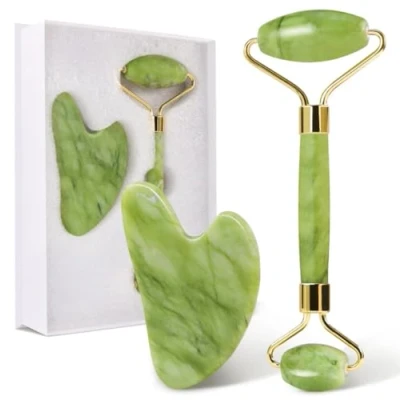 Abbildung von GUGUG Gua Sha Stein and Face Jade Roller Set for Facial Massage Reduces Eye Puffiness Skincare Routine Green