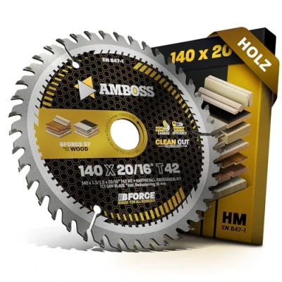 Abbildung von HM Kreissägeblatt 140x20 16 Z42 Wechselzahn für Akku Holz Feinschnitt. AMBOSS WERKZEUGE® Sägeblatt 140mm +Reduzierring 20mm. 140x16 komp. zu DeWALT DC373N. DCS373M2. DCS512P2 QW