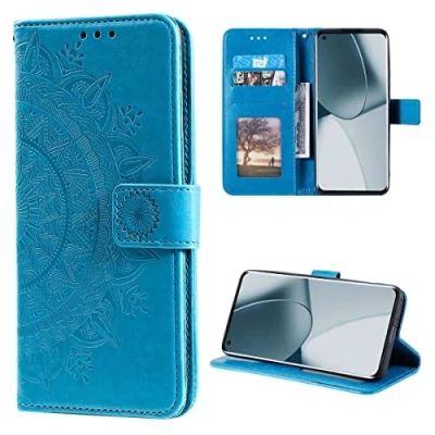 Abbildung von CoverKingz Handy Cover kompatibel mit OnePlus 10 Pro 5G Handyschutz Kartenfach Klapphülle Bookcase Hülle aufklappbar Motiv Mandala Blau