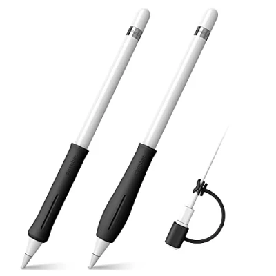 Abbildung von Fintie 2 Stück Silikon Griff Kompatibel mit Apple Pencil Pro/USB C &amp; 1./ 2. Generation 1 Kabel Adapter Tether, Schützende ergonomische Stiftehalter für Pencil, Rosa Sand