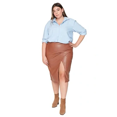 Abbildung von Trendyol Damen Women&#039;s Large Sizes Midi Pencil Woven Fabric in Skirt, Brown, 44 Große Größen EU